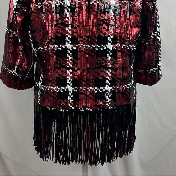 Bagatelle Red Black White Sequined Plaid Whimsical Glam Fringe Jacket NWT Size L - Picture 7 of 13